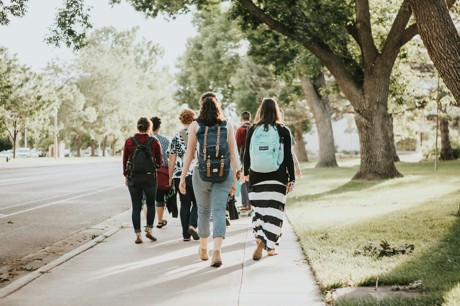 Students with backpacks walking down a tree-lined campus path